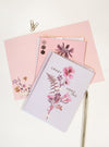 pink flower greeting cards and pen